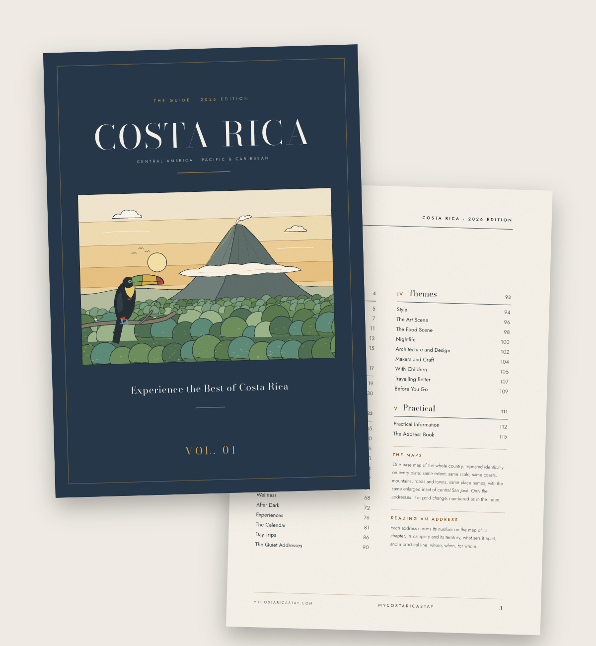 The cover and contents of The Costa Rica Guide, 2026 edition
