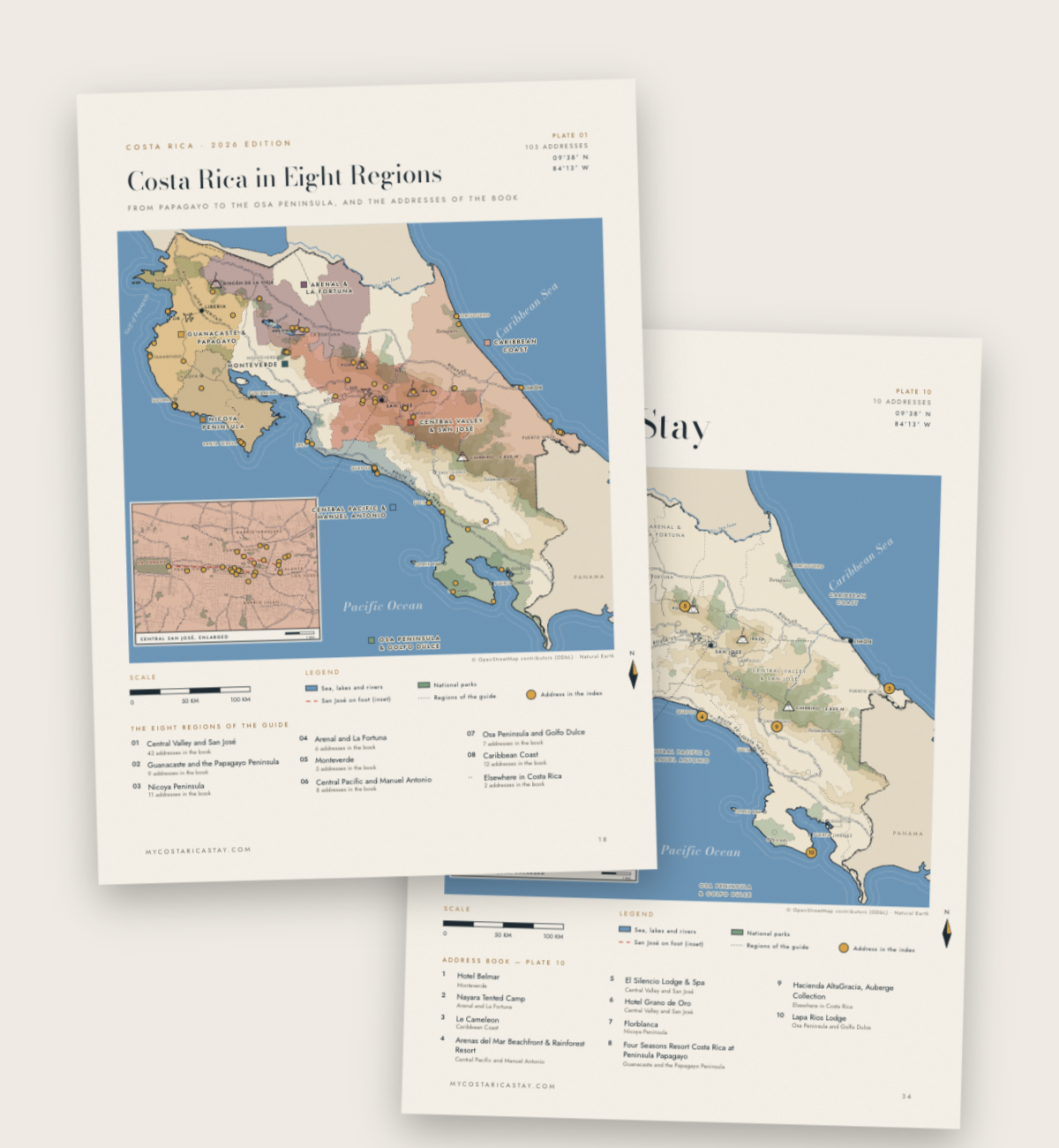 Costa Rica in eight regions: the map that opens the guide, and the Where to Stay map
