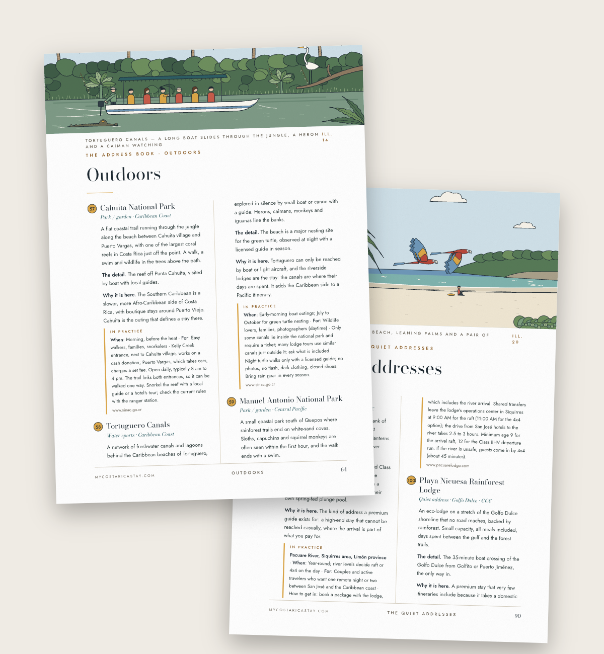 Two illustrated chapter openings in The Costa Rica Guide: Outdoors and The Quiet Addresses